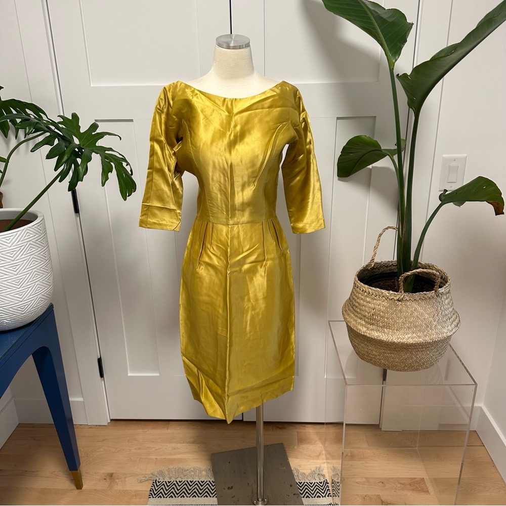 Gold Satin Long Sleeve Sheath Dress